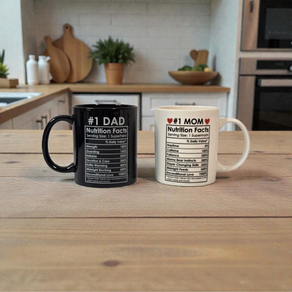 Breezy Valley #1 Mom & Dad Coffee Mug Set Nutrition Facts Ceramic Gift New